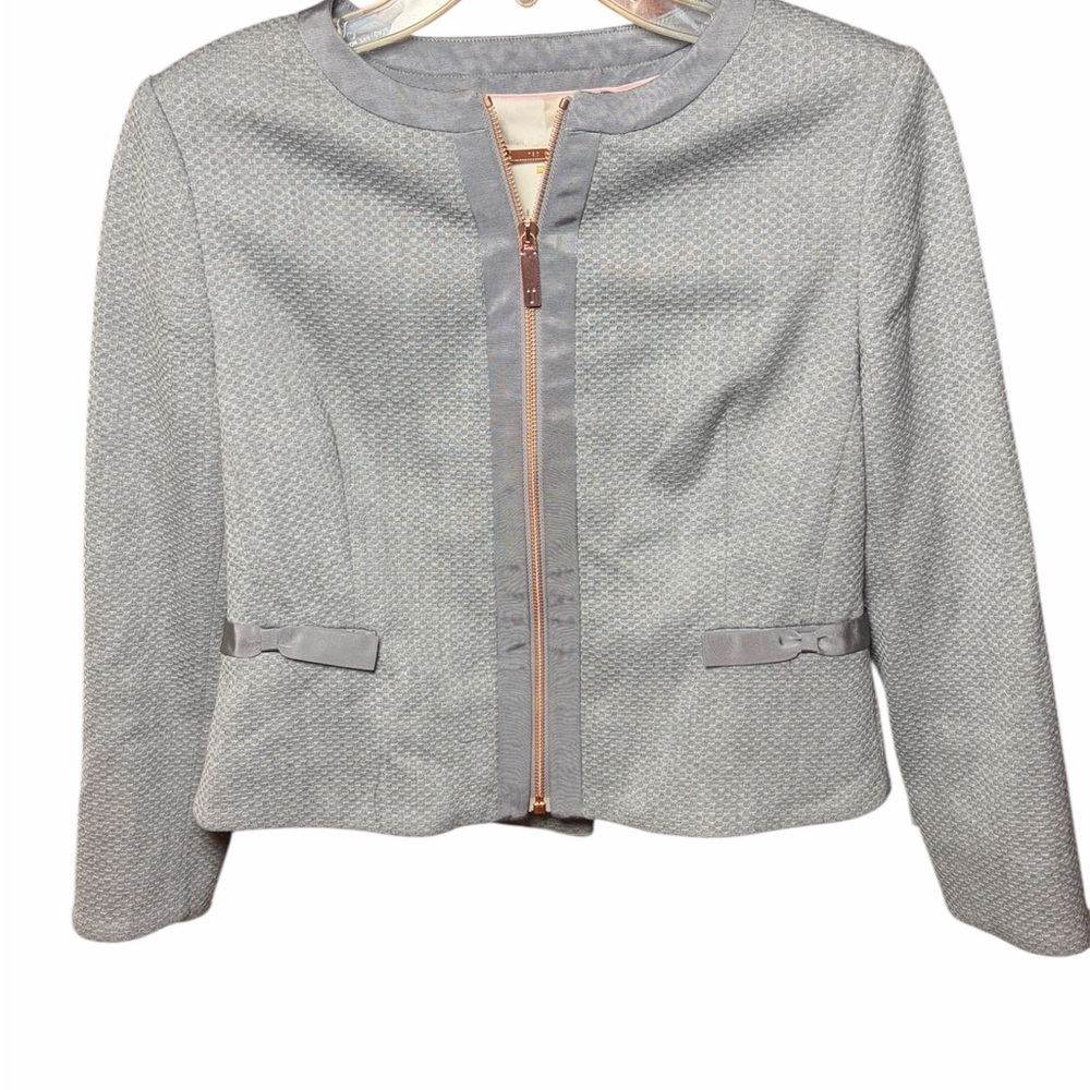 Womens Textured Zip-front Ted Baker Nadae Bow Detail Crop Jacket in grey size 3.